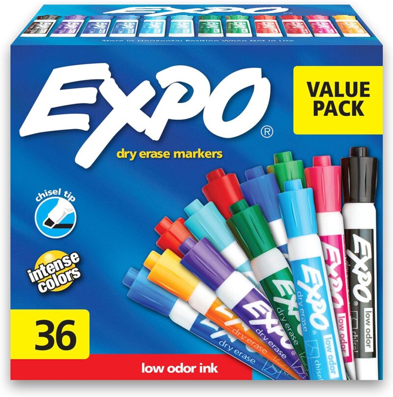 A box of 36 Expo dry erase markers