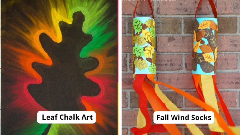 Examples of fall art projects, including leaf chalk art and fall wind socks.