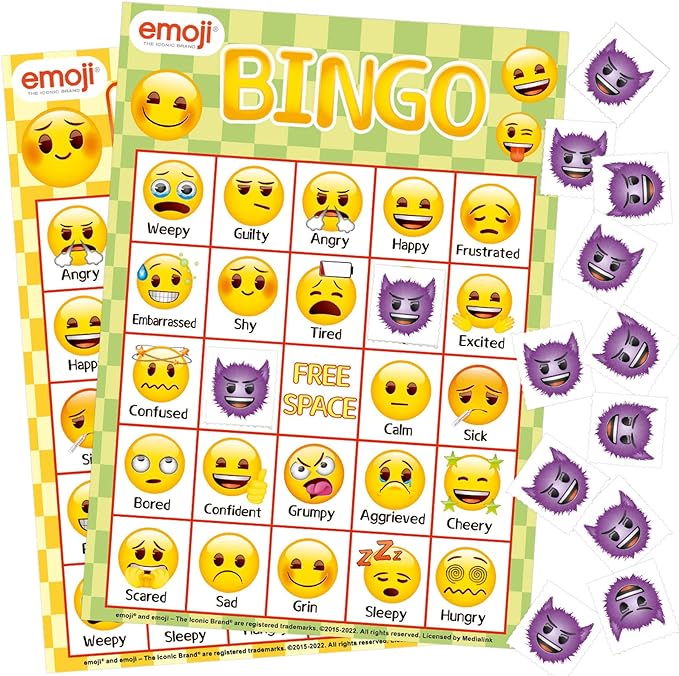 feelings bingo game with cards with faces and chips 