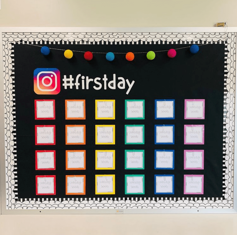 A bulletin board has the instagram symbol and the letters #firstday