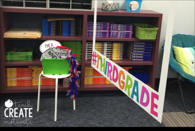 Life size photo frame saying #thirdgrade with speech bubble sticks and other props as an example of end of year activities