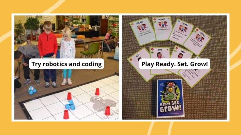 Collage of growth mindset activities, including robotics and coding and Ready. Set. Grow! game