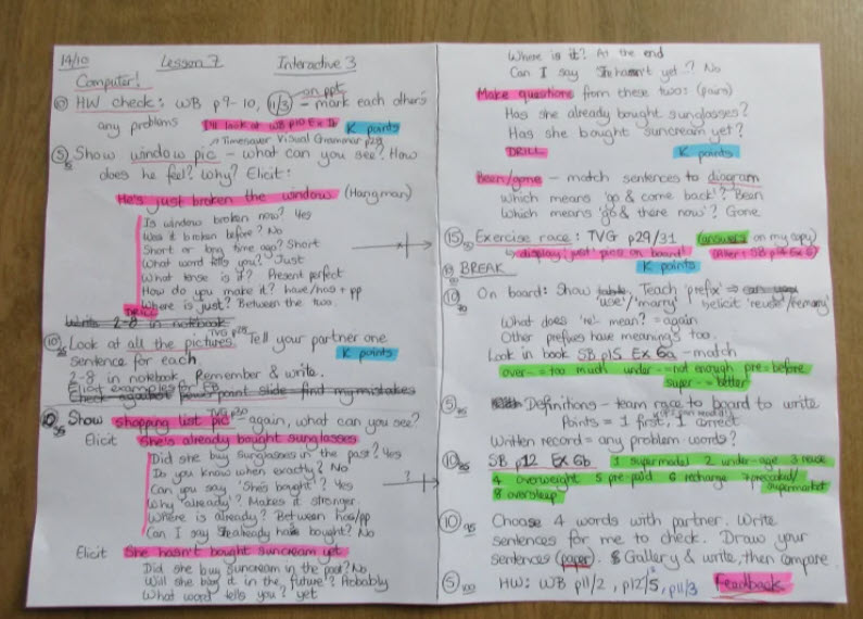 Handwritten lesson plan with highlighted lines and more notes