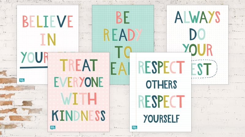 Five colorful posters with classroom rules written on them