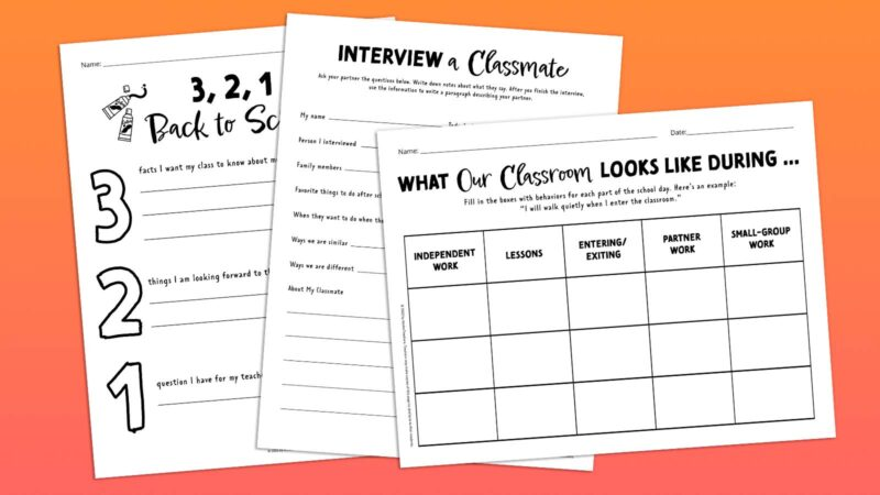 Three first day of school activity worksheets as an example of first day of school activities