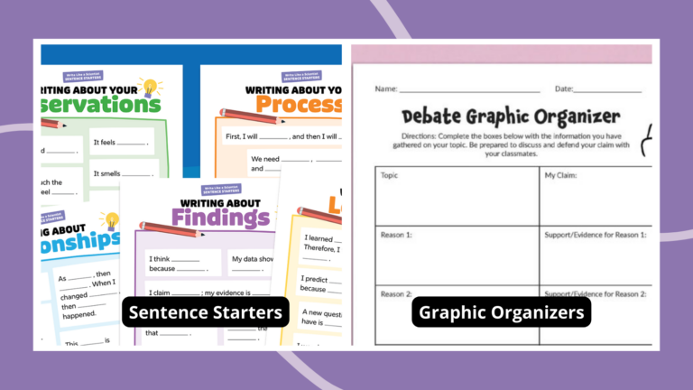 Instructional scaffolding examples including sentence starters and graphic organizers