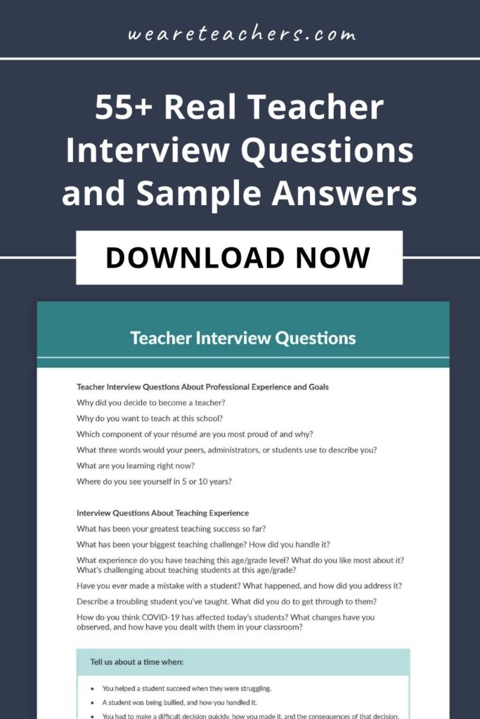 Review these teacher interview questions, along with tips from real principals for answering them. Plus grab the free printable list.