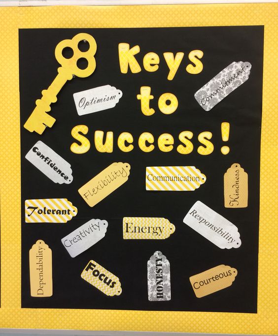 A bulletin board says Keys to Success. It features a large key and tags with different things on them.