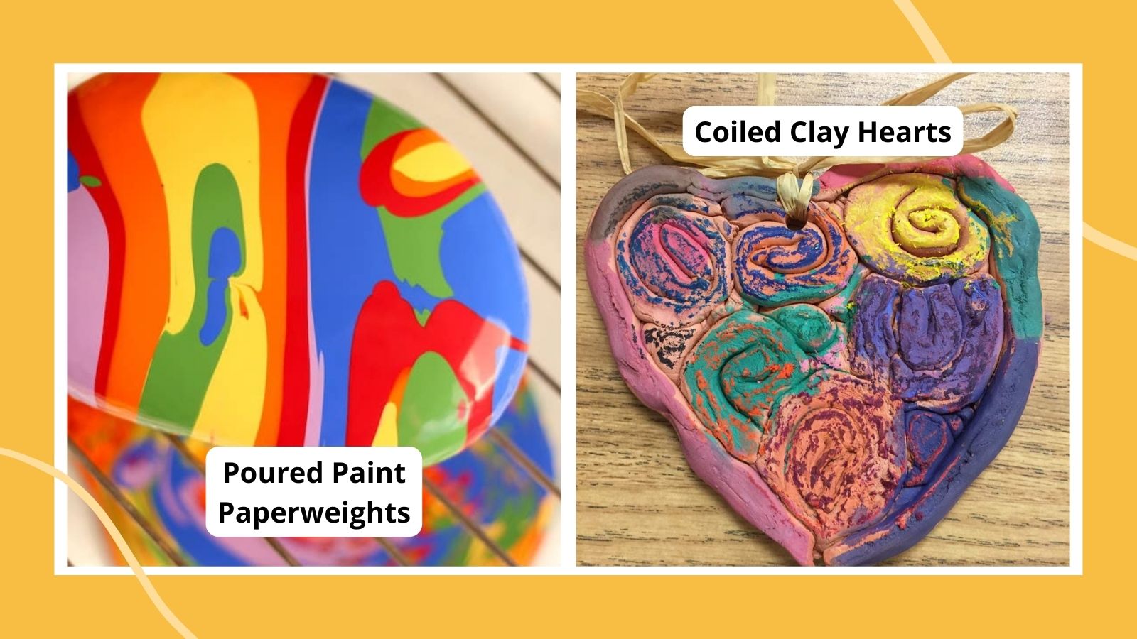 Collage of kindergarten art projects including a poured paint paperweight and coiled clay heart