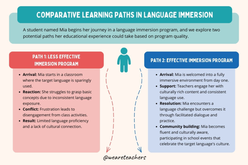 Infographic showing a comparison of language learning paths of a student.