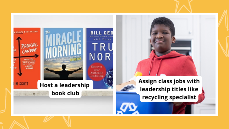 Leadership activities including a classroom recycling expert and leadership book club titles.