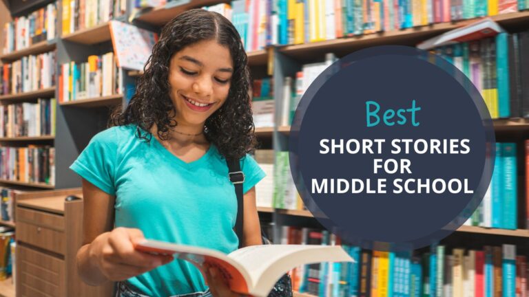 Girl in library reading the best short stories for middle school.