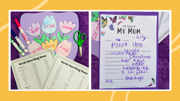 Examples of two Mother's Day crafts and activities: All About Mom Questionnaire and word flower bouquet.