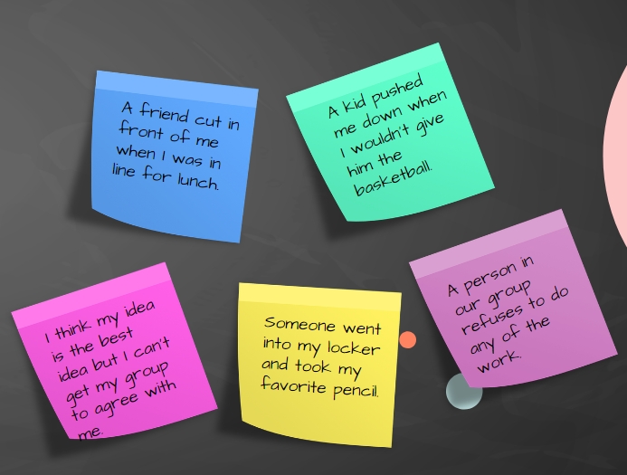 Five colored sticky notes with scenarios for Model Behavior activity