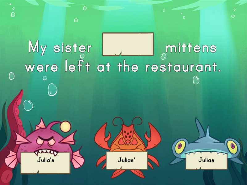 An undersea scene of an online grammar game with fishes holding grammar words 