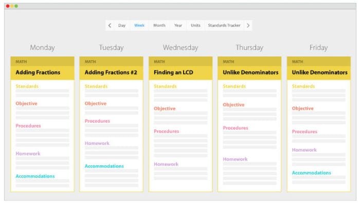Screenshot of Common Curriculum showing math plans day by day (Online Planners for Teachers)