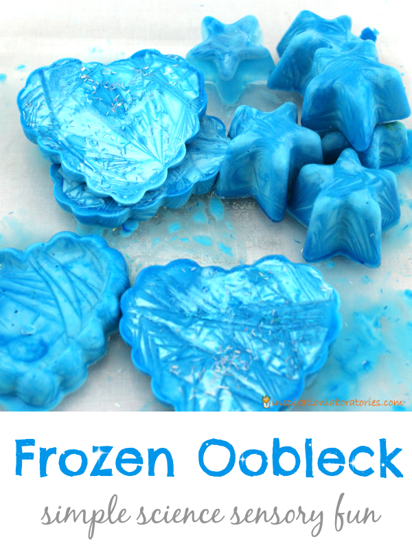 Frozen blocks of blue oobleck in a variety of shapes
