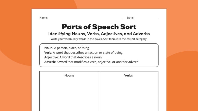 Flat layout of parts of speech sorting vocabulary worksheets.