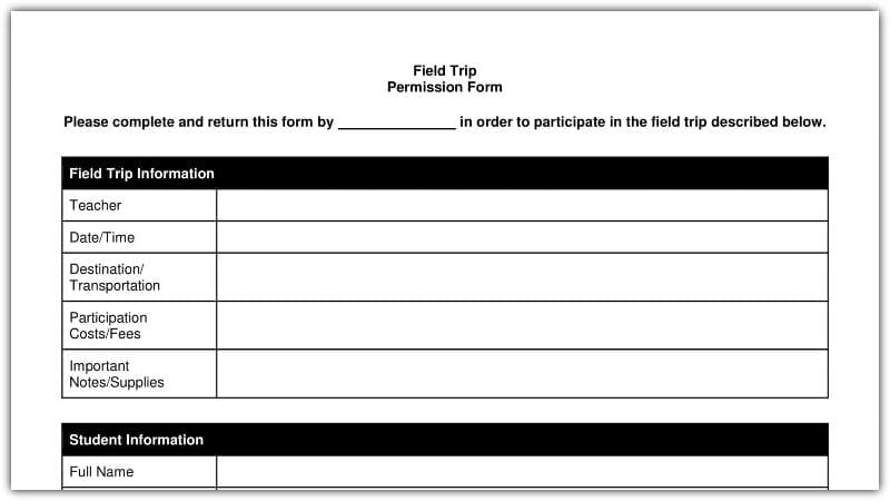 field trip permission template