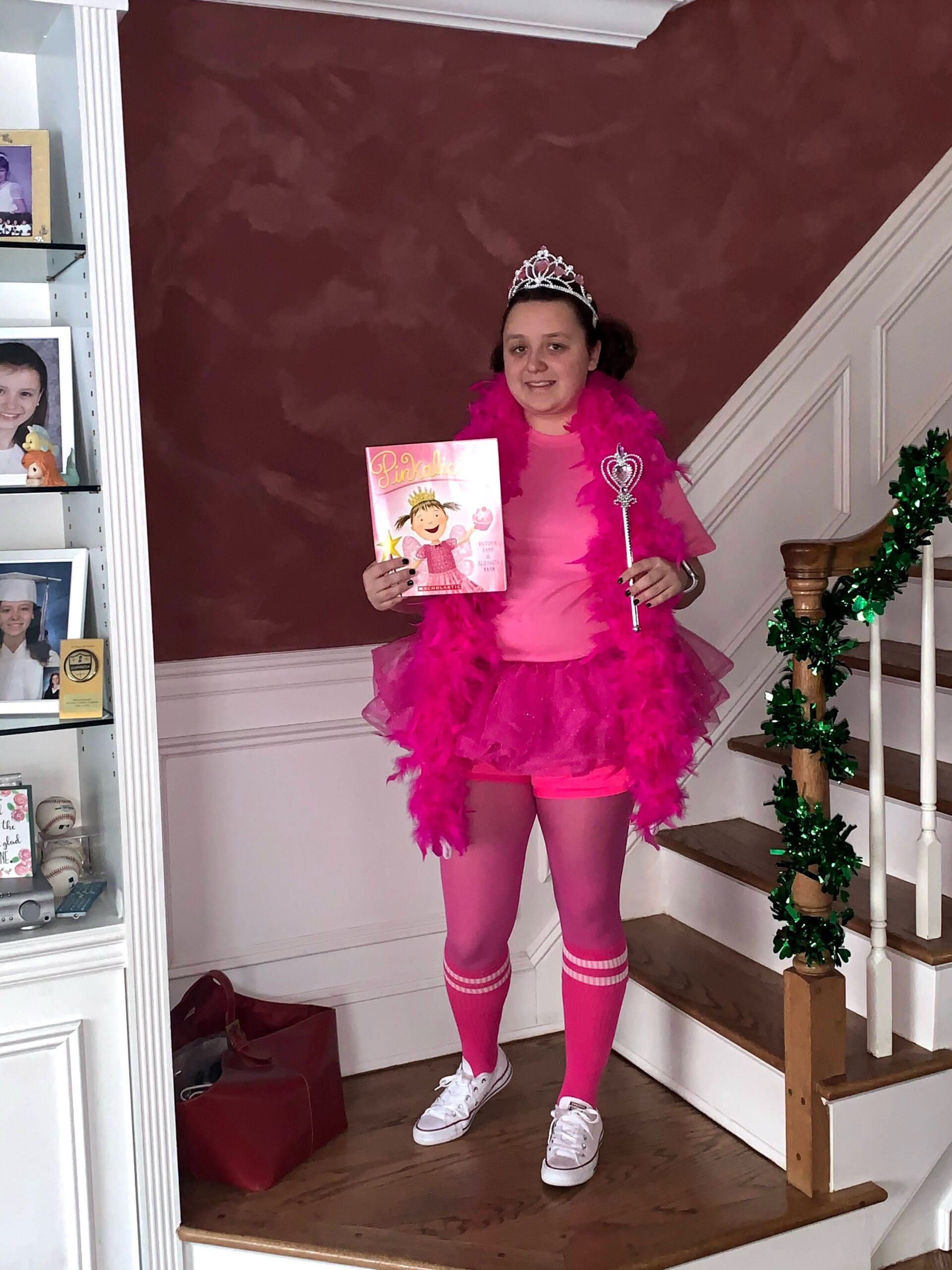 Teacher dressed as the main character from the book Pinkalicious