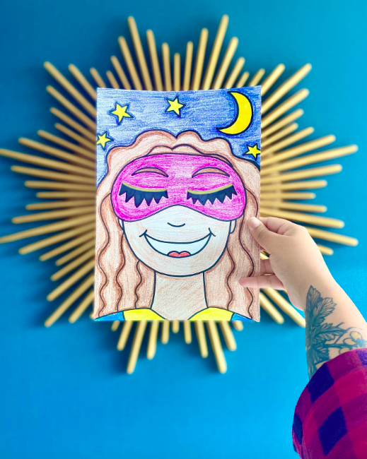 A colorful illustration of a girl wearing a bright pink sleep mask 