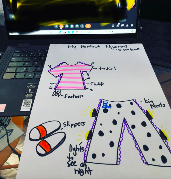 A student drawing of pajamas and slippers as an example of pajama day ideas and activities