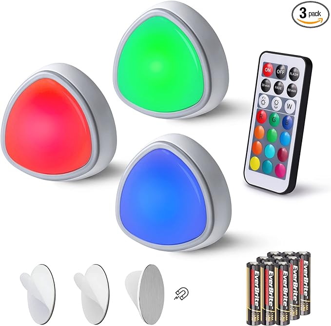 LED puck lights in red, green and blue with remote and batteries.