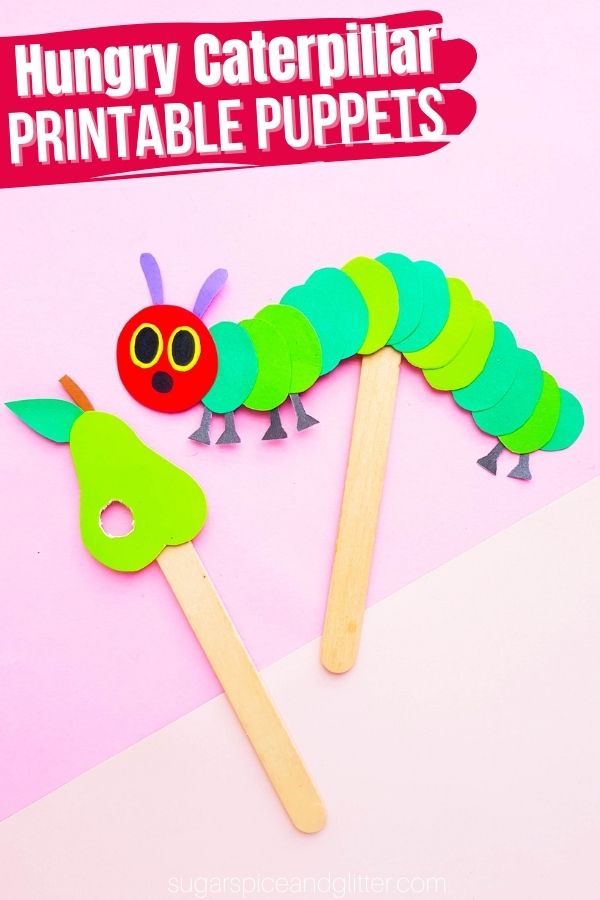 A caterpillar and a pear are attached to posicle sticks to make puppets (very hungry caterpillar activities)