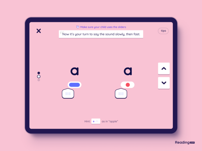 Screenshot from the Reading.com app showing back-to-basics phonics instruction