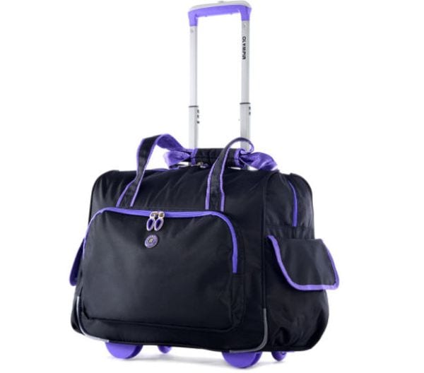 Black bag with purple piping, rolling wheels, and extendable handle (Rolling Bags for Teachers)