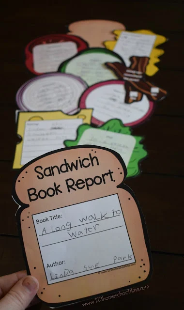 A book report written on separate pieces of paper shaped like ingredients of a sandwich