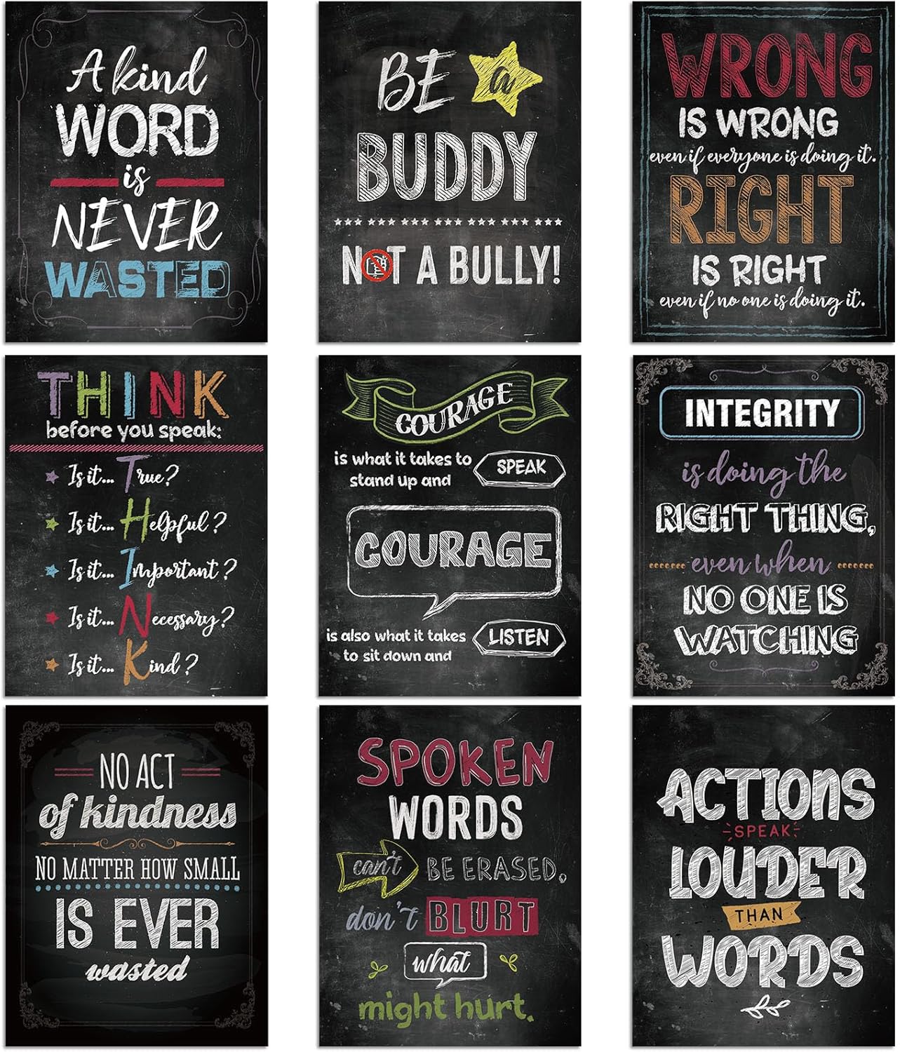 Set of 9 anti-bullying posters with different messages, in colorful lettering on black backgrounds