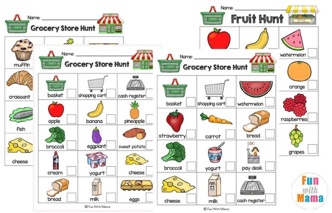 A selection of printable grocery store scavenger hunts