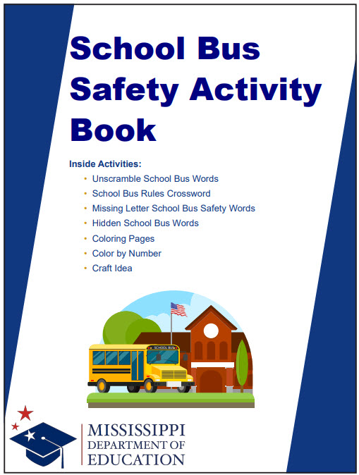 Cover page of a school bus safety activity book with a table of contents