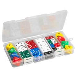 A clear plastic organizer holds a colorful dice set for the classroom