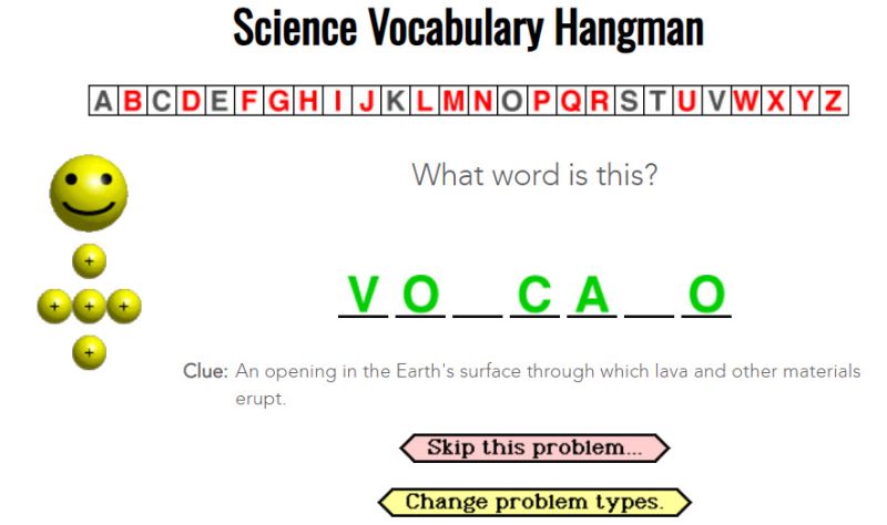 Online educational hangman game to teach kids science vocabulary words