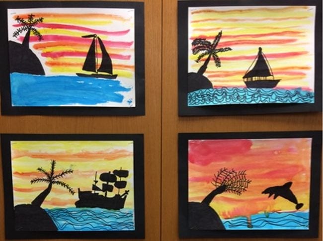 Silhouette pictures of desert islands, ships, and dolphins against a sunset sky 