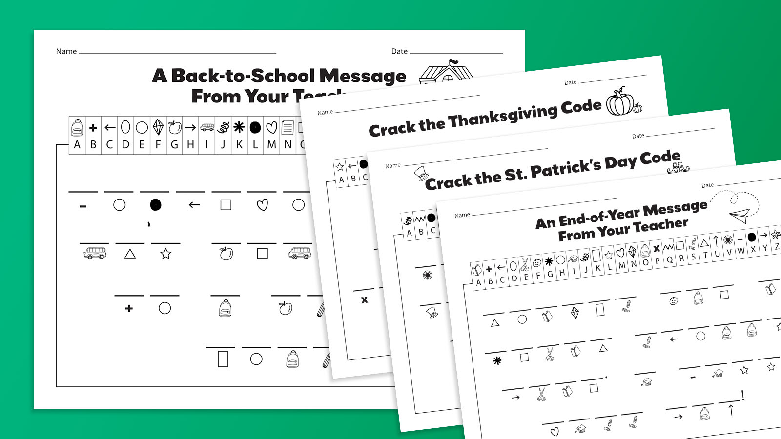 Flat lay of secret code worksheet bundle