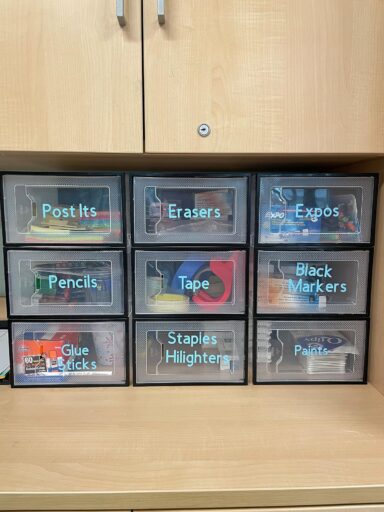 Stackable shoe boxes in classroom