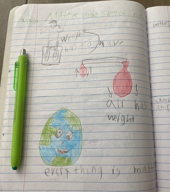 Student notebook with science sketchnotes about matter.