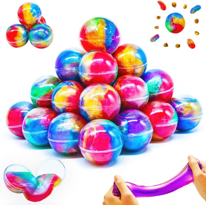 Colorful plastic balls filled with slime as an example of inexpensive gift ideas for students