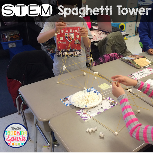 students building a tower with spaghetti and marshmallows 