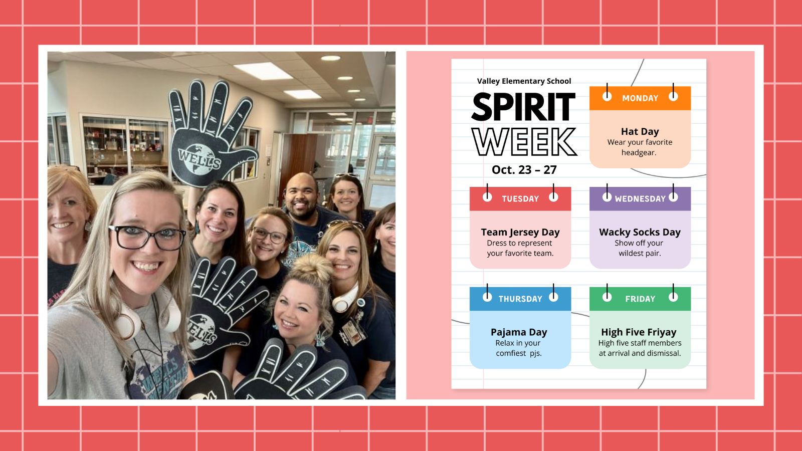 Collage of School Spirit Week Ideas, including High Five Fri-Yay and Communal Art Project