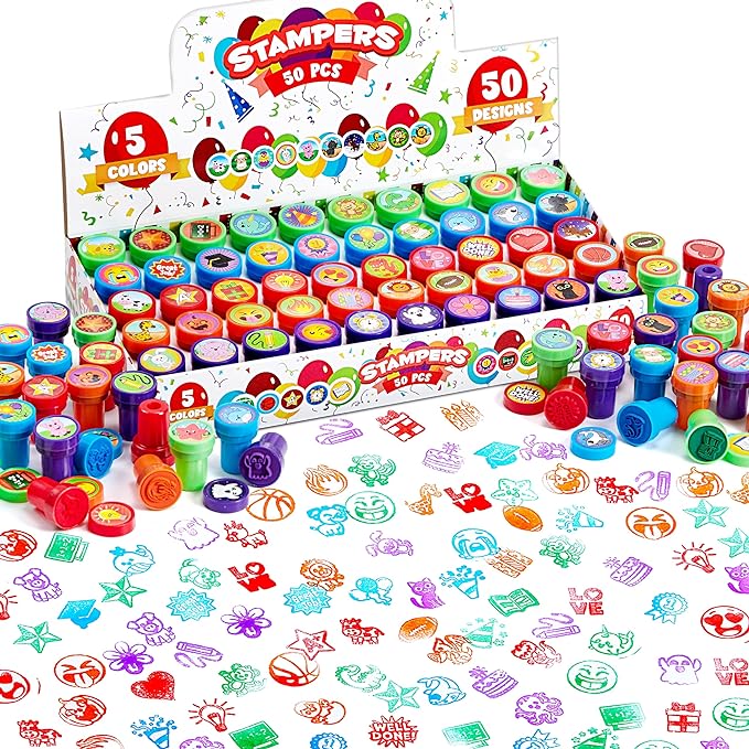100 Pieces Assorted Stamps For Kids Self-Ink 50 Different Designs Plastic  Emoji