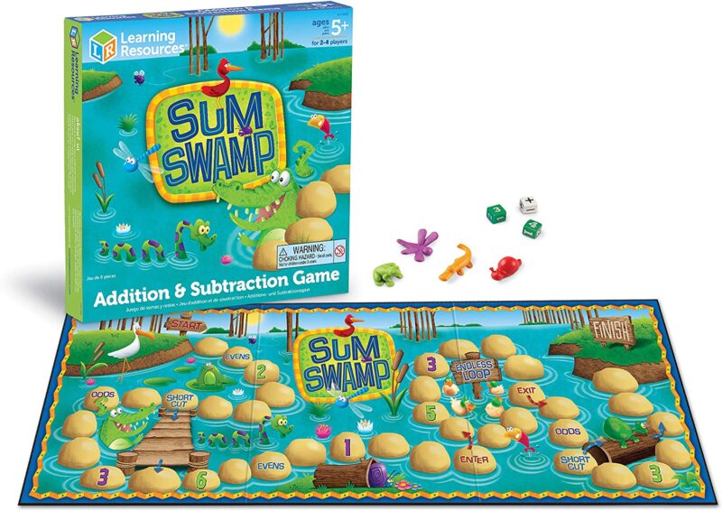 a box says Sum Swamp and the board game is laid out in front of it. It is made to look like water with boulders in a path (math board games)