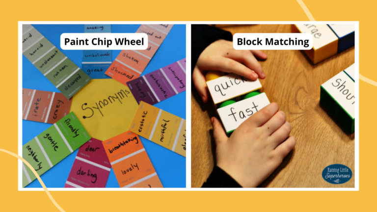 Examples of activities on synonyms including matching blocks and paint chip wheels