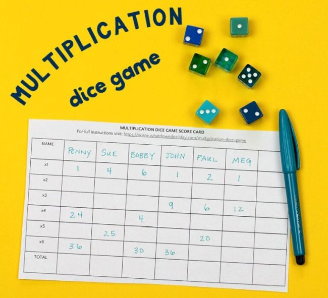 Multiplication Dice Game with dice and free printable 