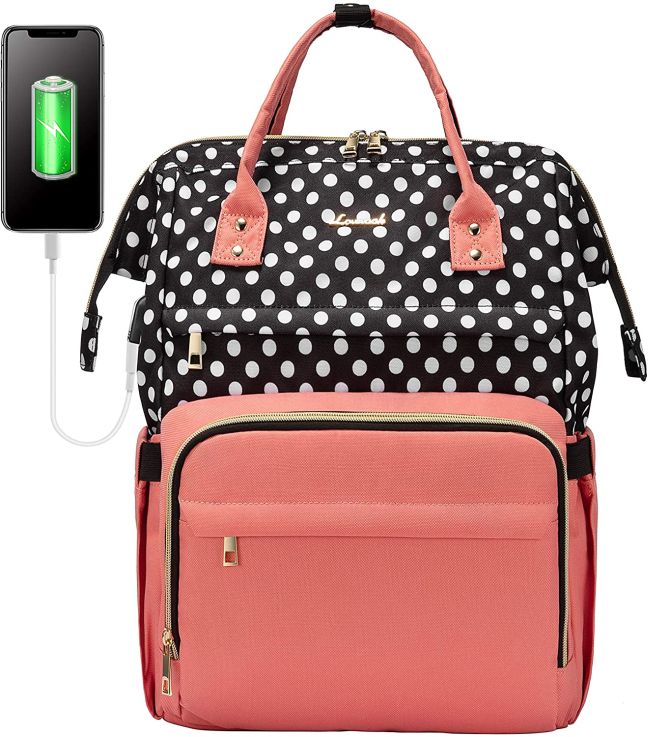 Pink and black-and-white polka dotted laptop backpack, as an example of the best teacher backpacks