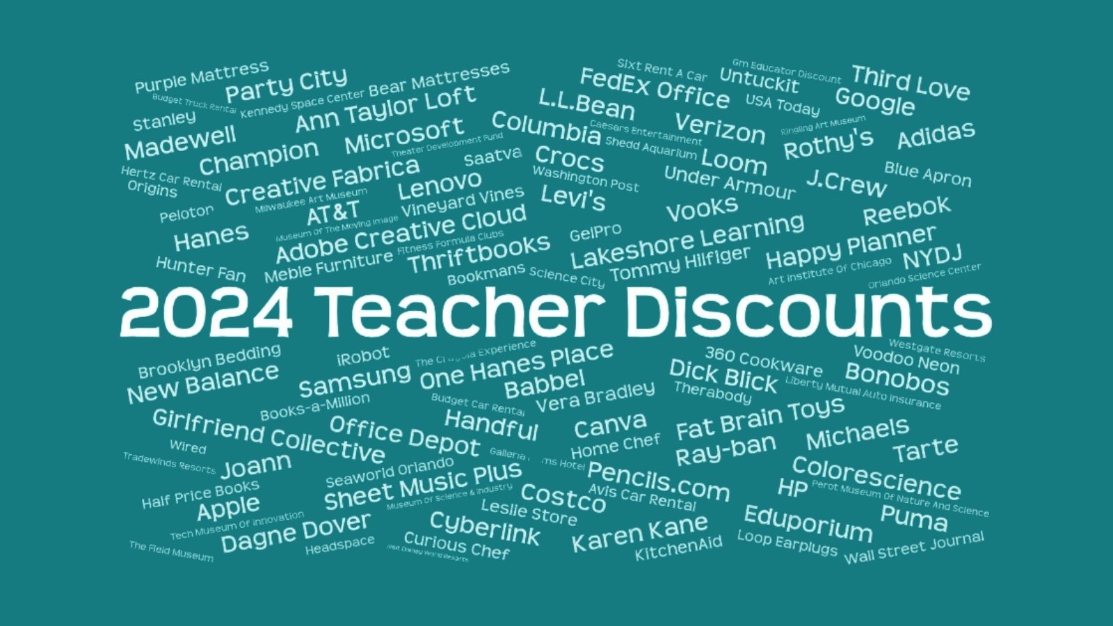 Word cloud reading 2024 Teacher Discounts with names of stores offering deals for educators