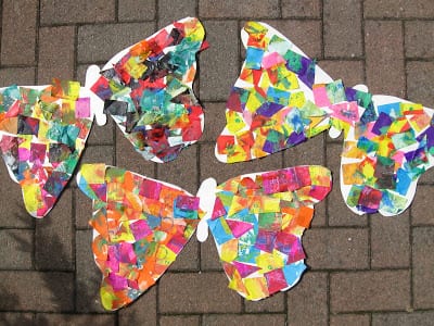 colorful butterflies made from construction paper and crumpled spots of tissue paper